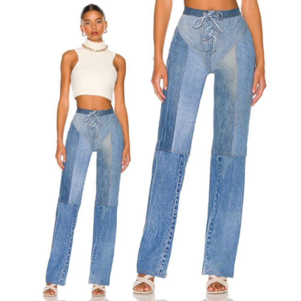 New! EB denim patchwork lace-up flare leg jeans medium wash 17011